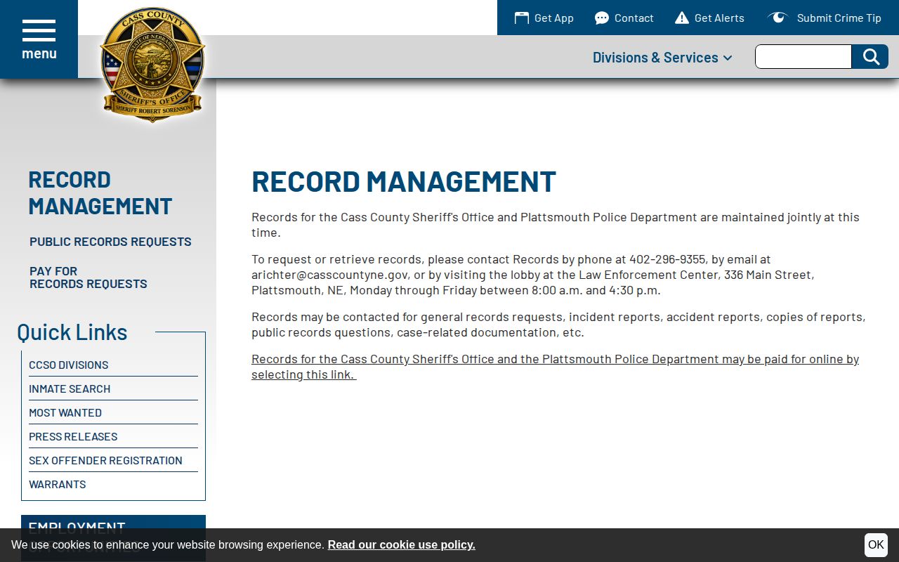 Cass County booking record request page for Sheriff and Plattsmouth Police records