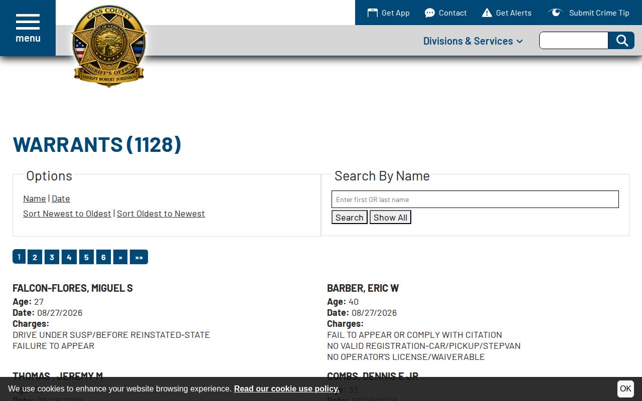 Cass County official active warrant search interface