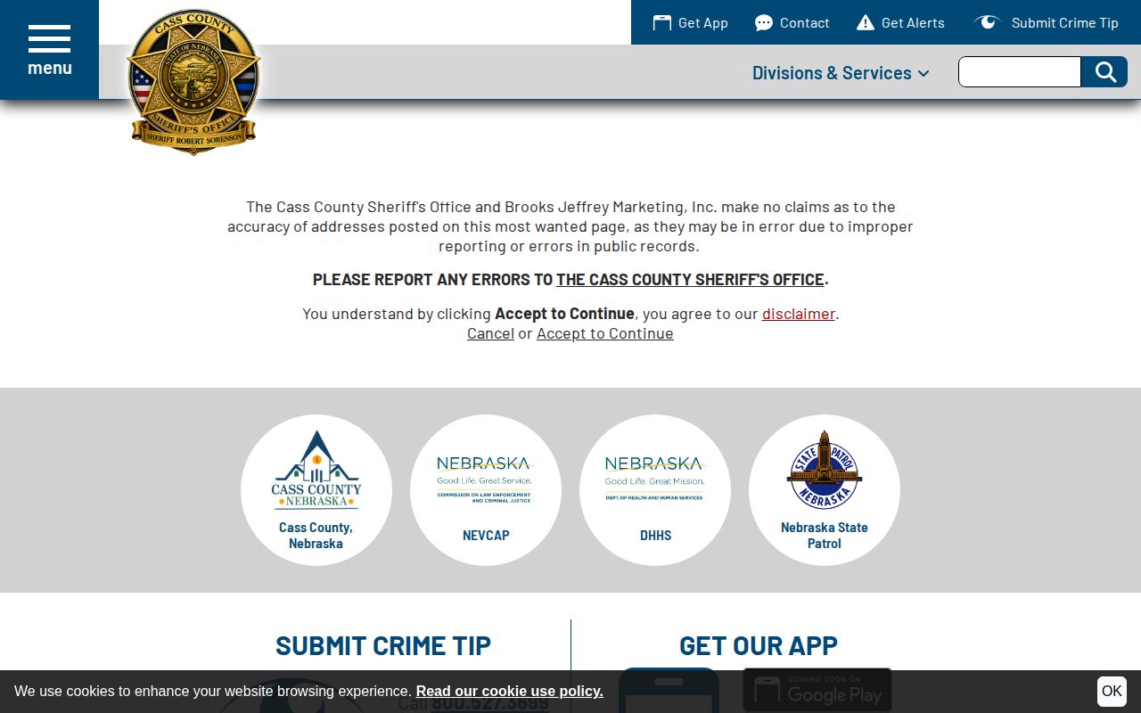 Cass County Sheriff official Most Wanted disclaimer and safety notice