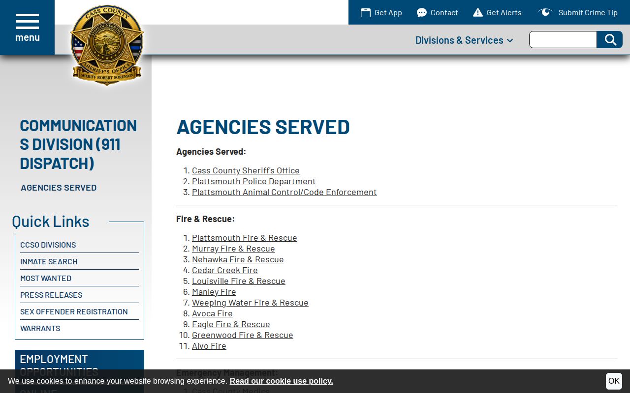 Cass County Sheriff's agencies-served page for Louisville records-routing context